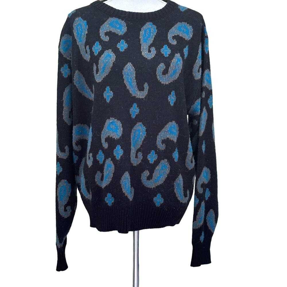 Vintage Le Tigre Mens XL Paisley Intarsia Knit Sweater Black Blue Orlon USA Made